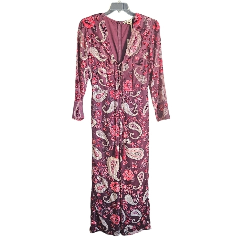 NWT Chelsea & Violet Maroon Velvet Boho Paisley Jumpsuit Sz Medium‎ - Picture 2 of 14